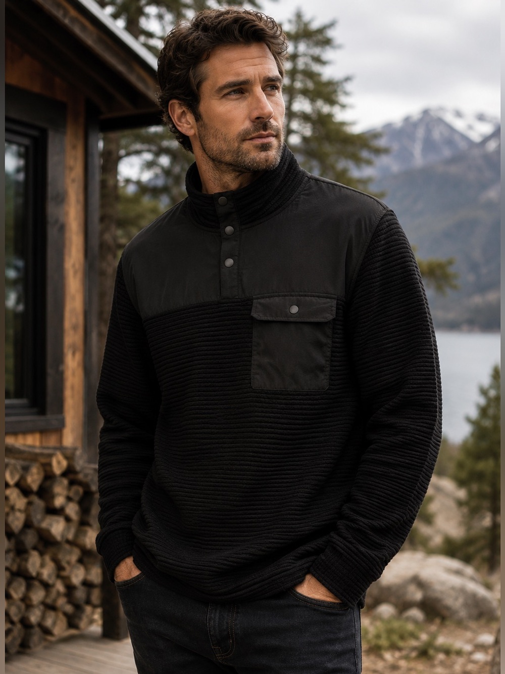 Men’s Ottoman Rib Quarter Snap Pullover XL Black Utility Sweater Shacket